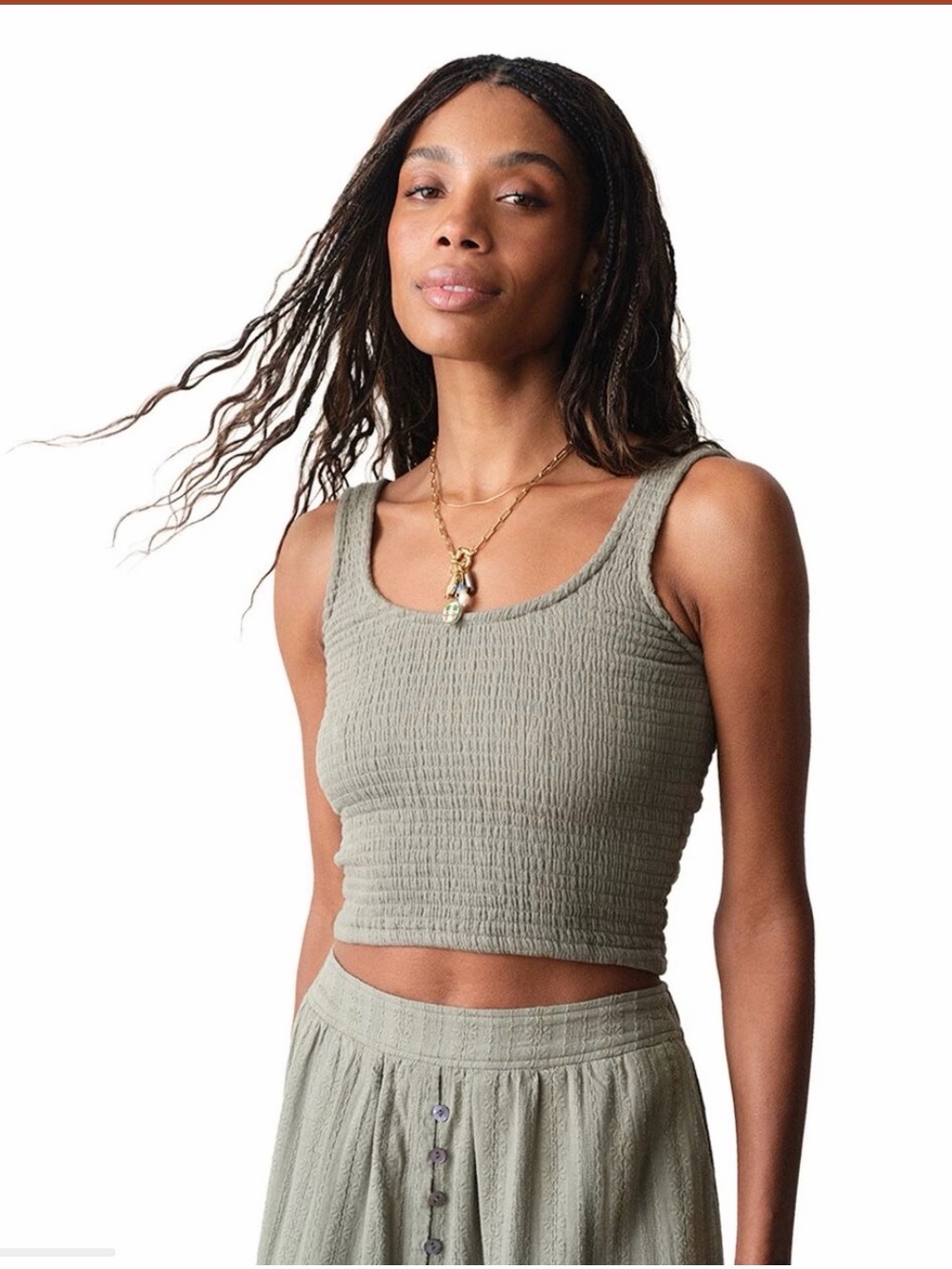 Marine Layer Double Cloth Smocked Crop Top Olive Green XL